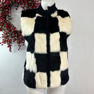 Rochelle California Zippered Black & winter white Rabbit Fur Sweater Vest Size S